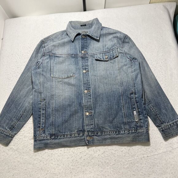 GB Other - GB Black Label Men's Large Denim Jean Jacket Light Blue Distressed Metal Buttons